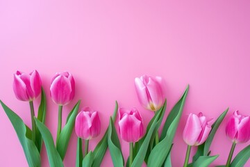 Fototapeta premium Valentine's day A row of fresh pink tulips gracefully aligned along the bottom edge of a soft pastel pink background, offering a delicate and clean design with space for text above. Ai generate