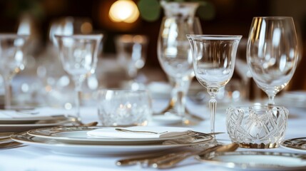 Fototapeta premium decoration for a wedding or anniversary birthday celebration: a reception table set-up with white cloth, elegant wine glasses, porcelain plates and silverware in a restaurant or venue