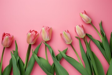 Obraz premium Valentine's day A row of fresh pink tulips gracefully aligned along the bottom edge of a soft pastel pink background, offering a delicate and clean design with space for text above. Ai generate