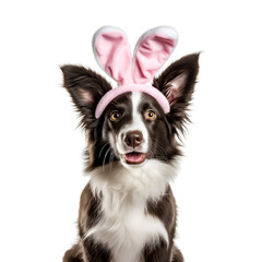 Happy Easter from a border collie, dog with rabbit ears in bunny costume, Isolated on Transparent Background, PNG