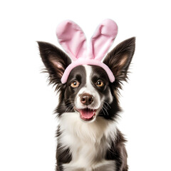Border collie, a happy dog with rabbit ears, wearing an Easter bunny costume, Isolated on Transparent Background, PNG