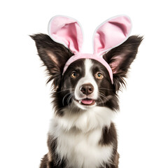 Easter-ready border collie, a happy dog with bunny costume and rabbit ears, Isolated on Transparent Background, PNG