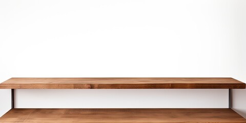Empty brown table top, shelves in front of a white background.