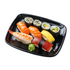 Japanese Sushi Rolls in black plate, Top view. Transparent background