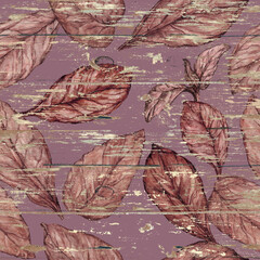 Seamless pattern with tobacco leaves on a wooden background. Hand drawn Tobacco pattern. - 717900465