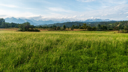 Fototapeta na wymiar View to Tatra mountains from Sarnowska Grapa hill aboeve Jurgow village in Poland