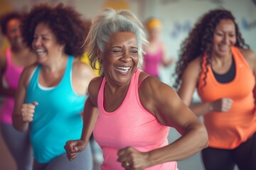 mature female adults with silver hair doing sports indoors. middle-aged cheerful women having fun at zumba dancing or aerobics class. Athletic training and bodies in old age - obrazy, fototapety, plakaty