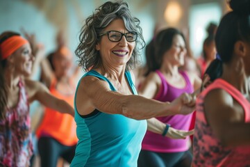 mature female adults with silver hair doing sports indoors. middle-aged cheerful women having fun at zumba dancing or aerobics class. Athletic training and bodies in old age