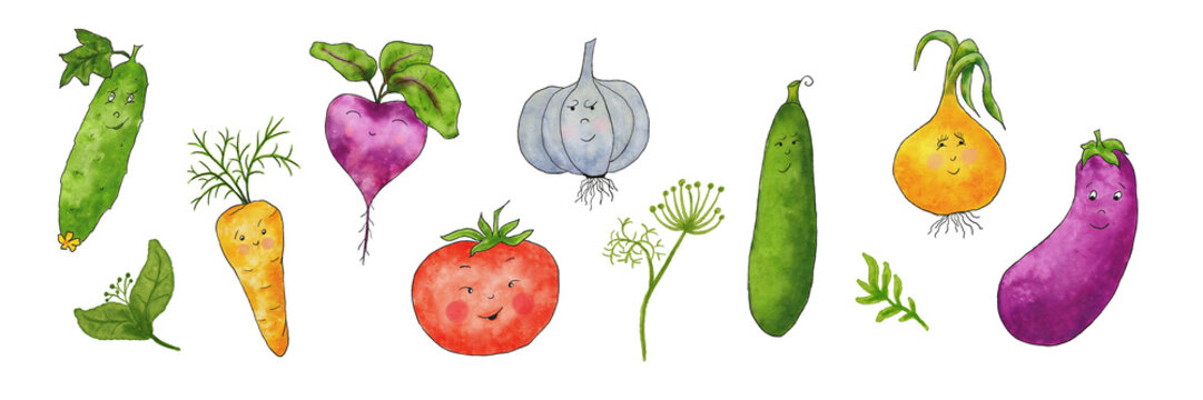 Cartoon watercolor vegetables. A set of bright vegetables. Fun vegetables for children. Eggplant, beetroot, onion, carrot with tomato, garlic and zucchini.