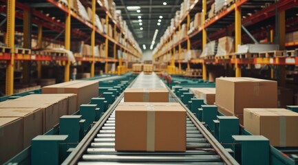 Warehouse with boxes, packed goods. Warehouse concept for international parcel delivery.