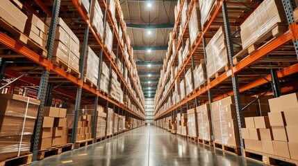 Fototapeta premium Warehouse with boxes, packed goods. Warehouse concept for international parcel delivery.