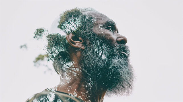 Double exposure portrait of Australian Aboriginal man blended with the Australian bush