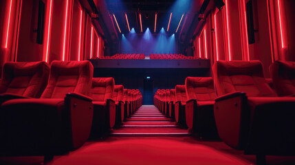 Modern Cinema Hall with Red Seats and Illuminated Aisle