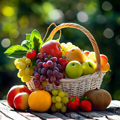 Sunlit assorted fruit basket outdoors.