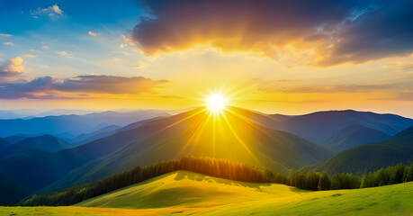 Panorama of sunset in the mountains with forest, green grass and big shining sun on dramatic sky