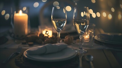 Elegant dining setup with crystal clear wine glasses and lit candles creating a warm, intimate ambiance, highlighted by soft glowing lights in the background. Ai generated

