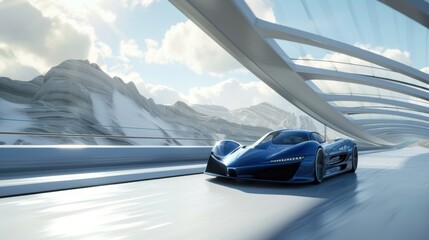 Blue Sports Car Speeding on a Futuristic Highway with Mountain Views