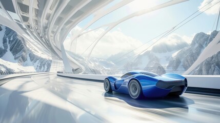 Blue Sports Car Speeding on a Futuristic Highway with Mountain Views