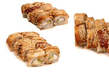 Sushi with cream cheese and eel isolated on white background.