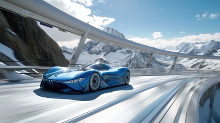 Blue Sports Car Speeding on a Futuristic Highway with Mountain Views
