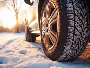 Winter Tire on Snowy Road at Sunset