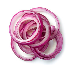 Red onion rings top view isolated on white