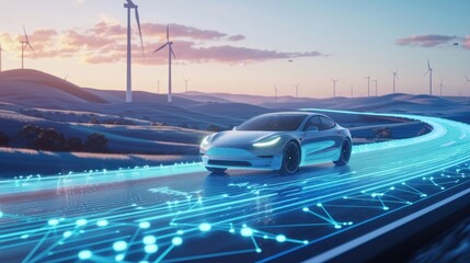 Electric Car on a Smart Highway with Digital Interface and Wind Turbines