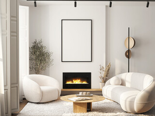 Frame mockup, ISO A paper size. Living room wall poster mockup. Interior mockup with house background. Modern interior design. 3D render

