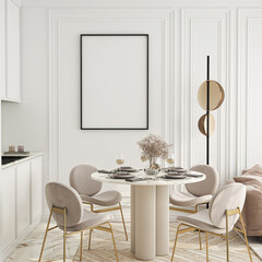 Frame mockup, ISO A paper size. Living room wall poster mockup. Interior mockup with house background. Modern interior design. 3D render
