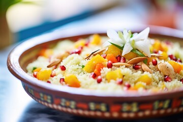 close-up of couscous with pomegranate seeds sprinkled