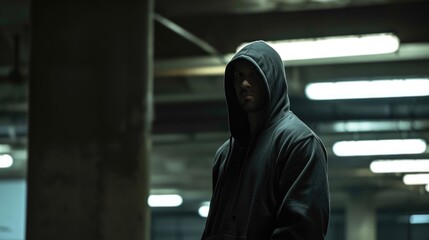 Mysterious Figure in Hoodie Standing Alone in a Dim Parking Garage