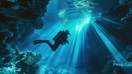 Scuba Diver Exploring the Mesmerizing Underwater World with Sunbeams
