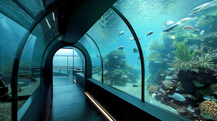 Contemporary underwater observatory with glass walls that lets guests view aquatic life from different perspectives - obrazy, fototapety, plakaty