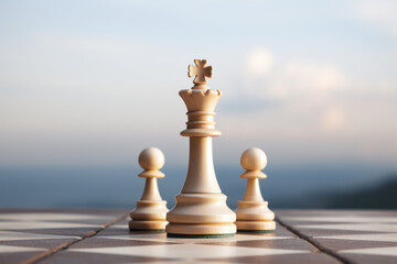 King chess piece centered with pawns on a board, sky backdrop.