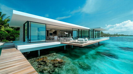 Fototapeta na wymiar A sleek, modern waterfront home with a wraparound patio that extends into the blue waves, seamlessly blending the inside with the undersea environment