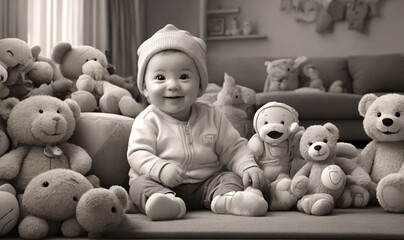 playful baby model crawling on a soft blanket, surrounded by whimsical illustrations and toys