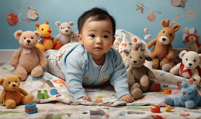 playful baby model crawling on a soft blanket, surrounded by whimsical illustrations and toys