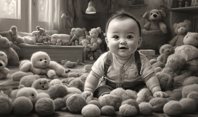 playful baby model crawling on a soft blanket, surrounded by whimsical illustrations and toys