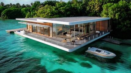 Fototapeta na wymiar An elegant contemporary waterfront residence featuring a wraparound terrace that stretches into the blue waves, creating a smooth transition between the interior and the underwater world