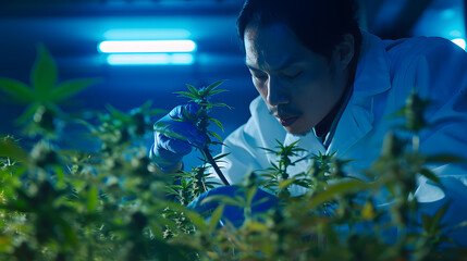 Asian man marijuana researcher checking marijuana cannabis plantation in cannabis farm, Business agricultural cannabis. Cannabis business and alternative medicine concept., Enchanting, Dark Nymphet, - obrazy, fototapety, plakaty