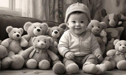 playful baby model crawling on a soft blanket, surrounded by whimsical illustrations and toys
