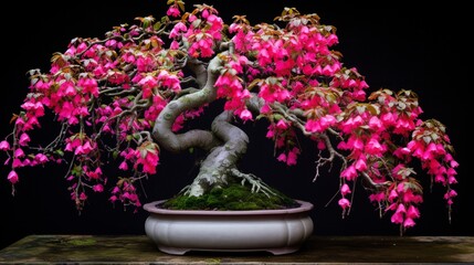 A high-angle view capturing the sprawling branches of a mature Fuchsia Bonsai, with its vibrant flowers creating a stunning contrast against the moss-covered surface of its container.