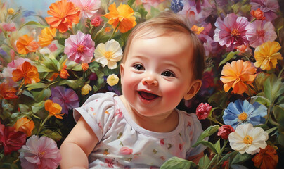  A delightful baby model giggling in a playful garden surrounded by colorful flowers.