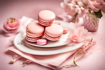Obraz na płótnie Canvas A trio of blush-pink macarons arranged delicately on a porcelain dessert plate, tempting the taste buds