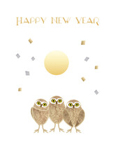寄り添う３羽のフクロウと初日の出　年賀状デザイン