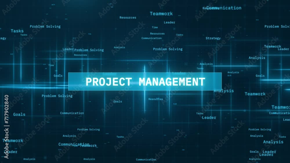 Poster project management text reveal: glowing circuit lines with futuristic animation