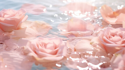 Rose and petals floating on the water. Aesthetic background photography Ai generative