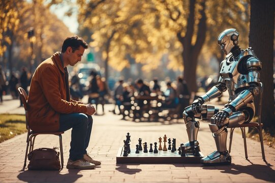 A man and a robot are playing chess in the park