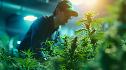 man marijuana researcher checking marijuana cannabis plantation in cannabis farm, Business agricultural cannabis. Cannabis business and alternative medicine concept., Enchanting, Dark Nymphet, - obrazy, fototapety, plakaty