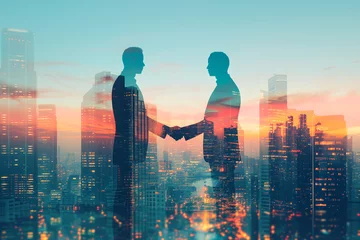 Foto op Plexiglas Businessmen handshake on an abstract background corporate skyscrapers at sunset, double exposure. Partnership, success, deal, agreement, cooperation, business contract concept © mozZz